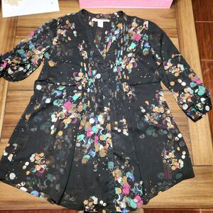 American Rag Cie Womens Blouse Black Floral Button Up Long Sleeve V-Neck Size Sm
